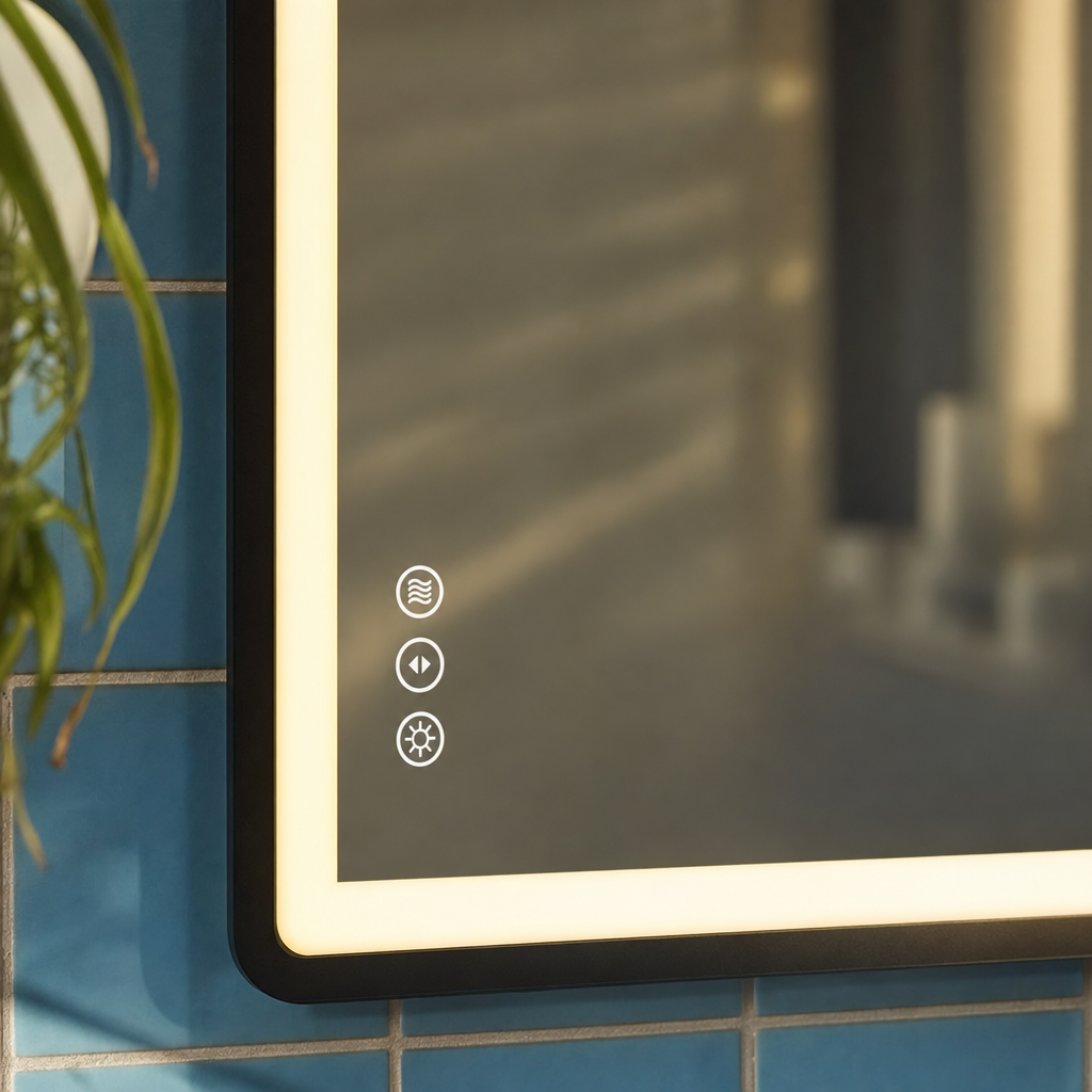 Detalle en zoom del marco, luz LED e íconos táctiles del espejo Lumen Arc