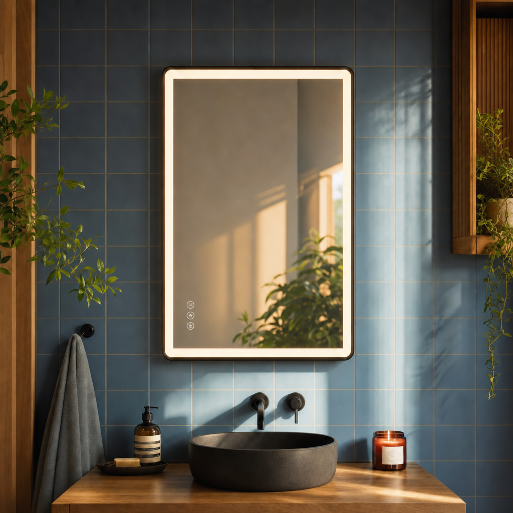 Espejo rectangular Lumen Arc instalado en baño con azulejo azul