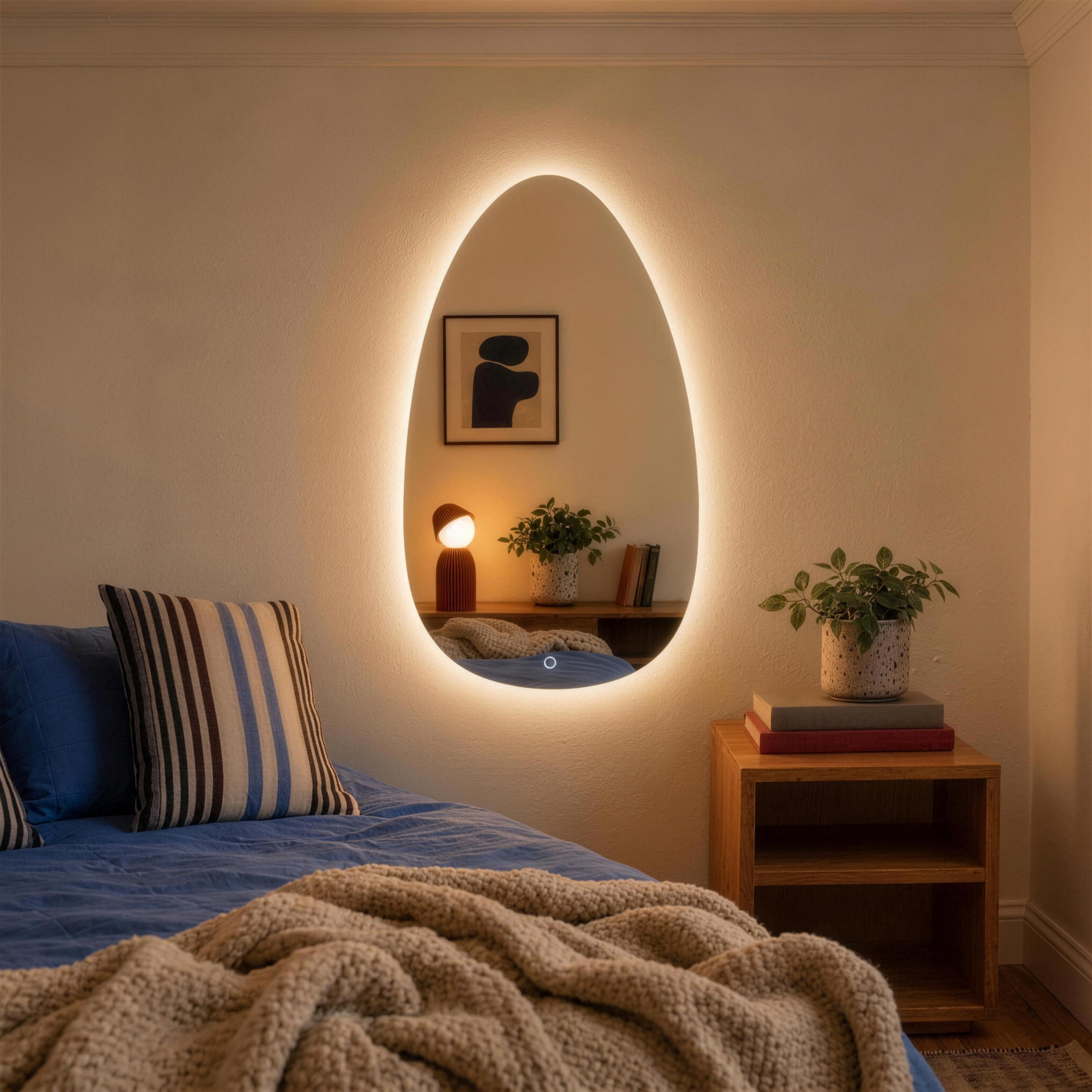 Espejo irregular luz LED Forma Noir en recámara